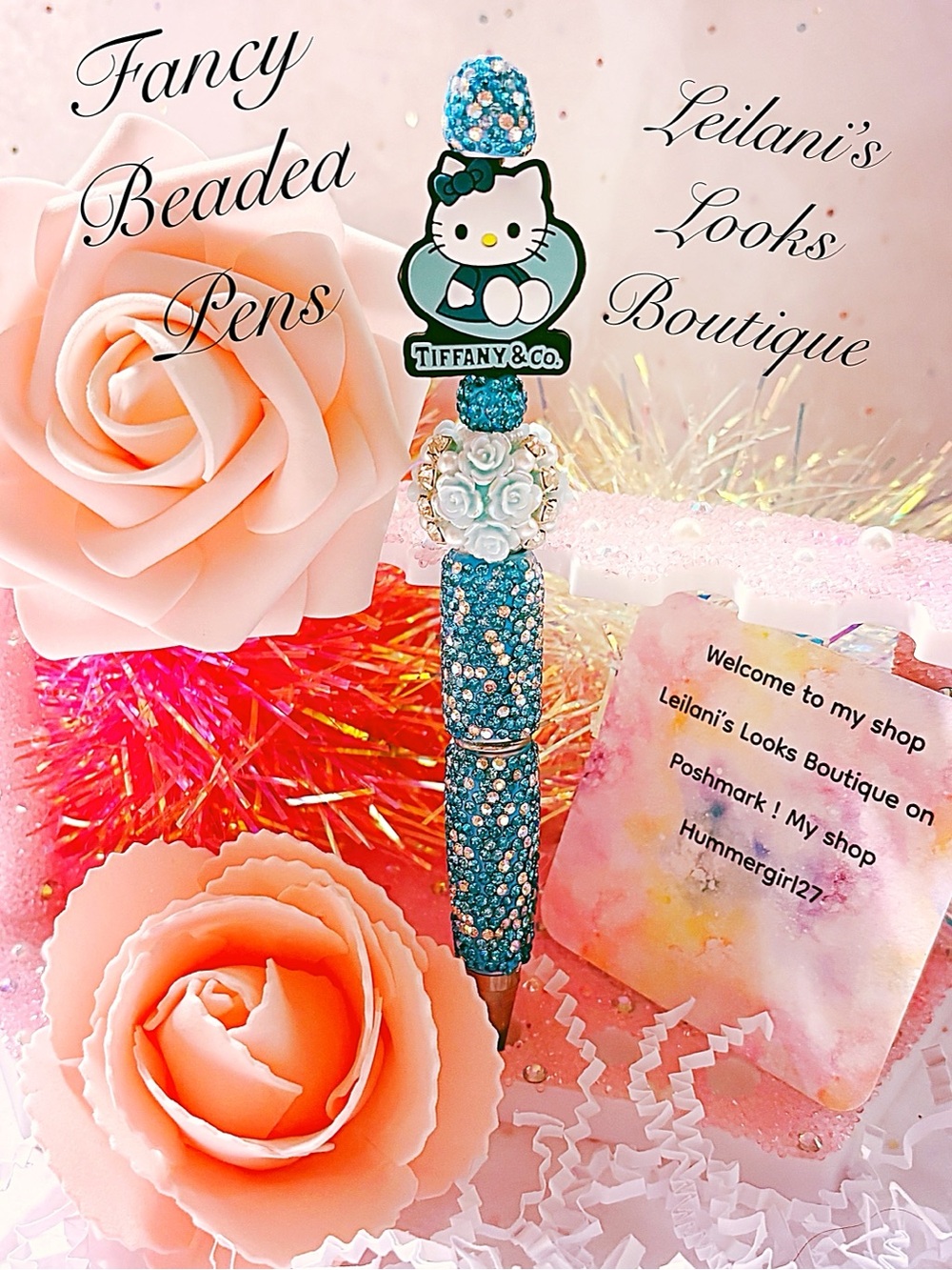 Fancy beaded pen/gifts/Hello Kitty beaded pen with blue glitter and rhinestones